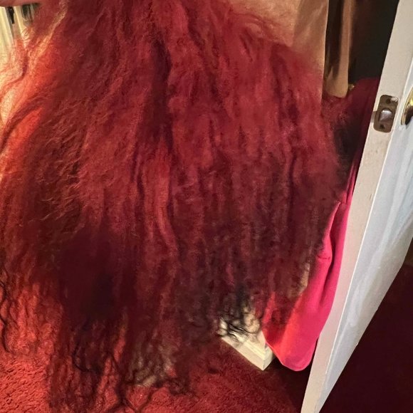 BEBE Tan Suede Jacket with Deep Red Mongolian Fur Trim - Picture 3 of 6